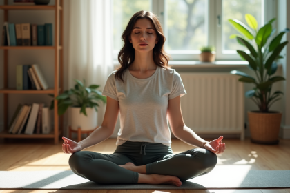Femme méditant assise sur un tapis dans un salon calme