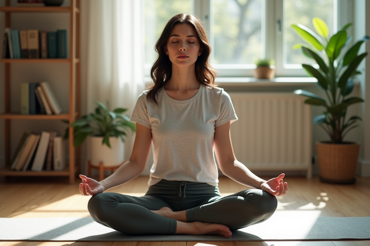 Femme méditant assise sur un tapis dans un salon calme