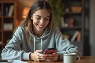 Jeune femme utilisant un lien dés gratuit Monopoly Go sur smartphone depuis son bureau à domicile