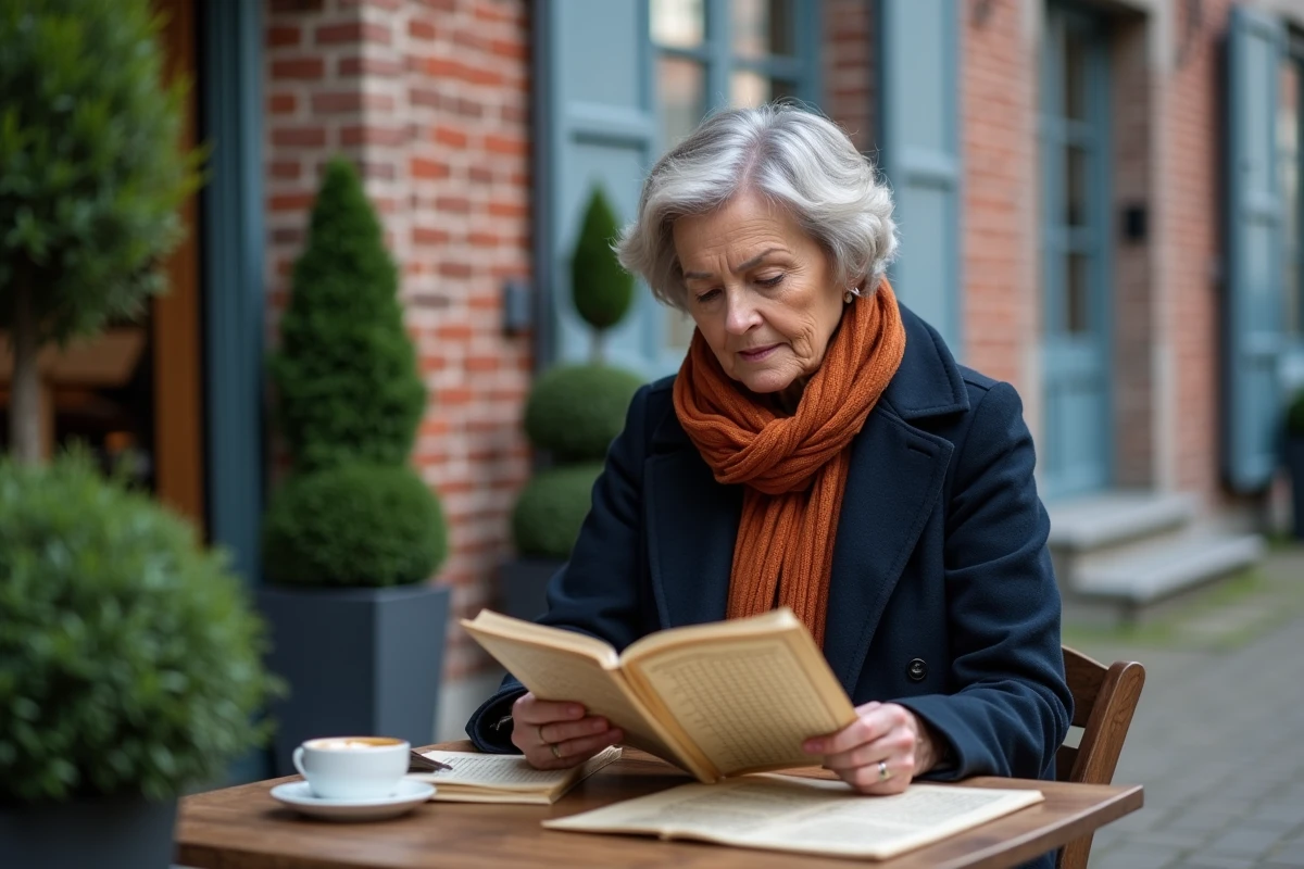 Femme belge d'âge mûr résolvant des mots croisés dans un café en plein air avec vue sur une rue historique