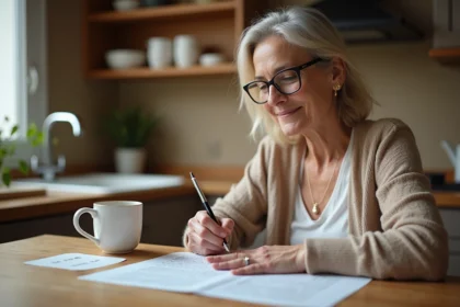 Femme d'âge mûr remplissant une grille de mots croisés sur papier à une table en bois avec un stylo et un café