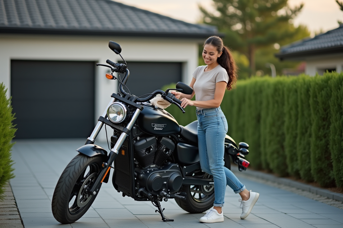 Femme nettoyant une moto avec un chiffon dans un environnement extérieur