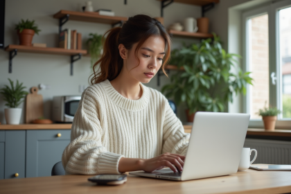 Jeune femme compare sites d'assurance maison à la maison