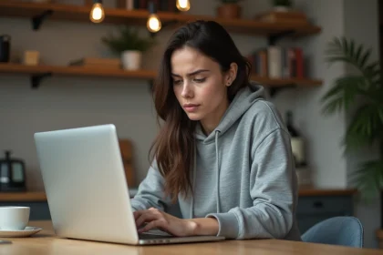 Jeune femme concentrée devant son ordinateur à la maison