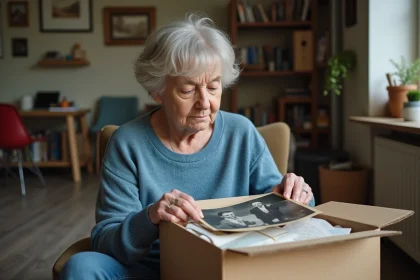 Femme d'âge moyen triant des photos de famille dans un salon