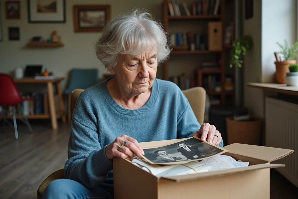 Femme d'âge moyen triant des photos de famille dans un salon