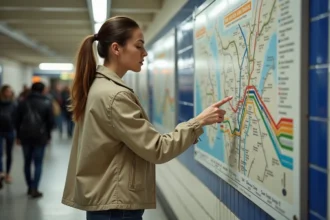 Femme consultant le plan du métro de Barcelone dans une station pour trouver son code postal