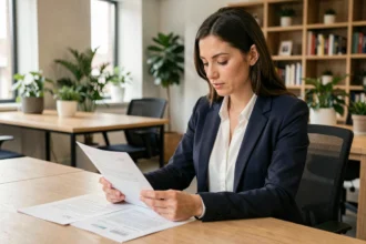 Femme professionnelle relisant son CV et sa lettre de motivation dans un bureau moderne