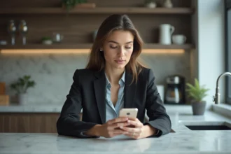 Jeune femme professionnelle dans sa cuisine avec smartphone