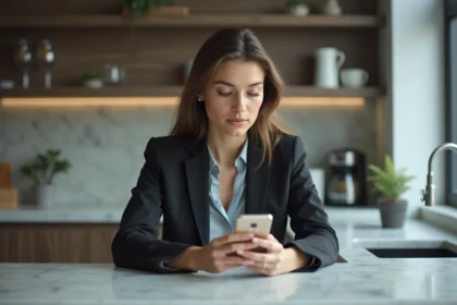 Jeune femme professionnelle dans sa cuisine avec smartphone