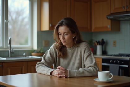 Femme assise en réflexion dans une cuisine modeste