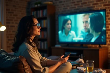 Femme regardant une série espagnole sur son canapé avec une télécommande à la main, ambiance soirée cinéma à domicile