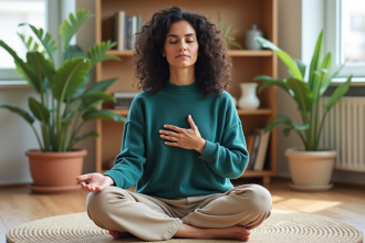 Femme méditant en intérieur pratique la respiration abdominale