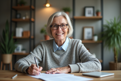 Femme senior souriante au bureau à la maison