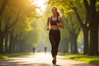 Femme sportive marchant dans un parc au matin avec montre connectée