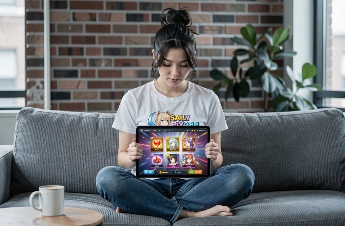 Jeune femme utilisant une tablette pour entrer des codes anime et collecter des perles dans un jeu gacha