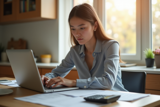 Jeune femme concentrée travaillant sur ses finances à la maison