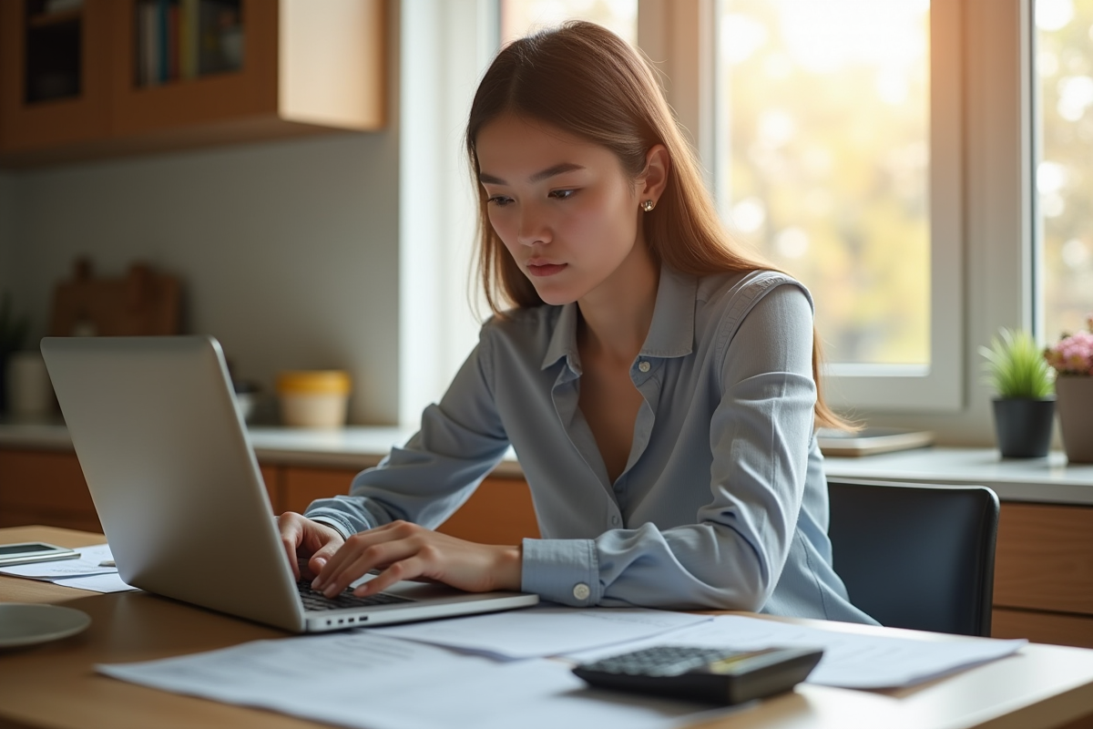 Jeune femme concentrée travaillant sur ses finances à la maison