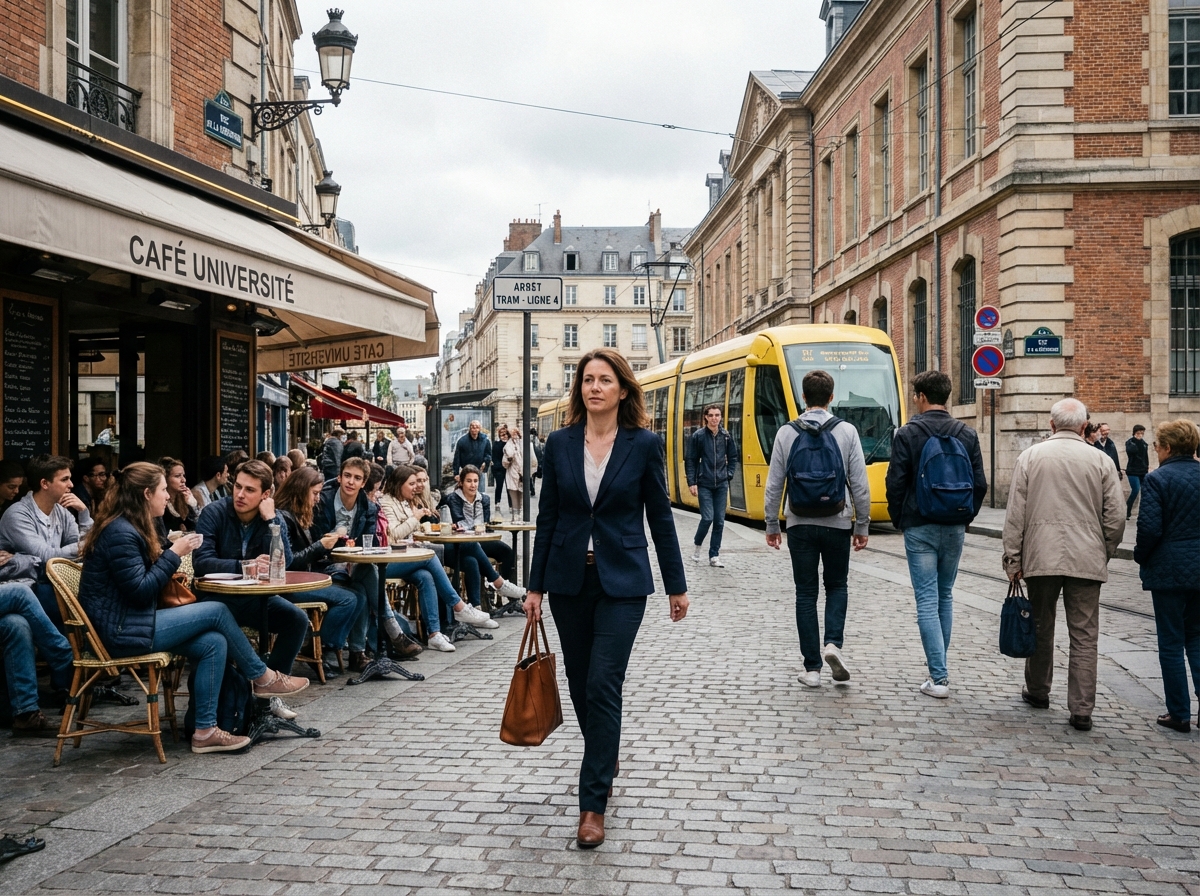 Femme d affaires marchant près d un café étudiant en ville