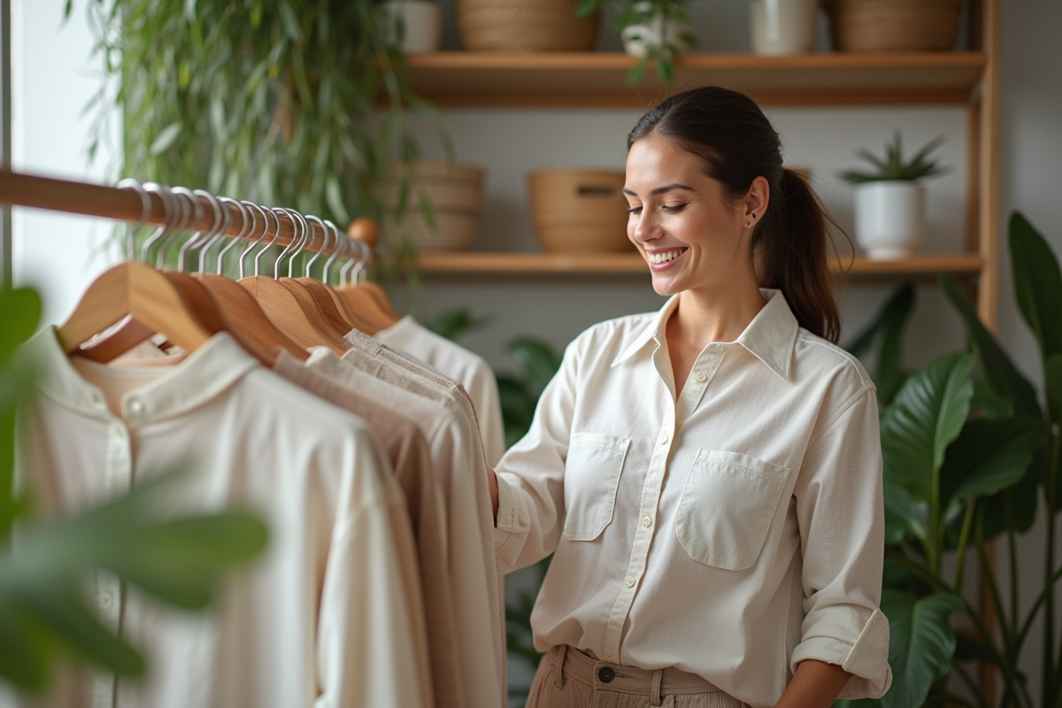Femme souriante inspectant des vêtements durables en boutique