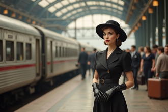 Femme élégante en robe 1940s près d'un train en ville
