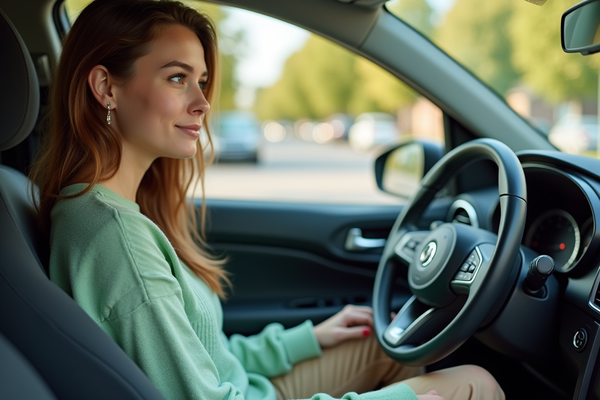 Jeune femme dans une voiture compacte en banlieue