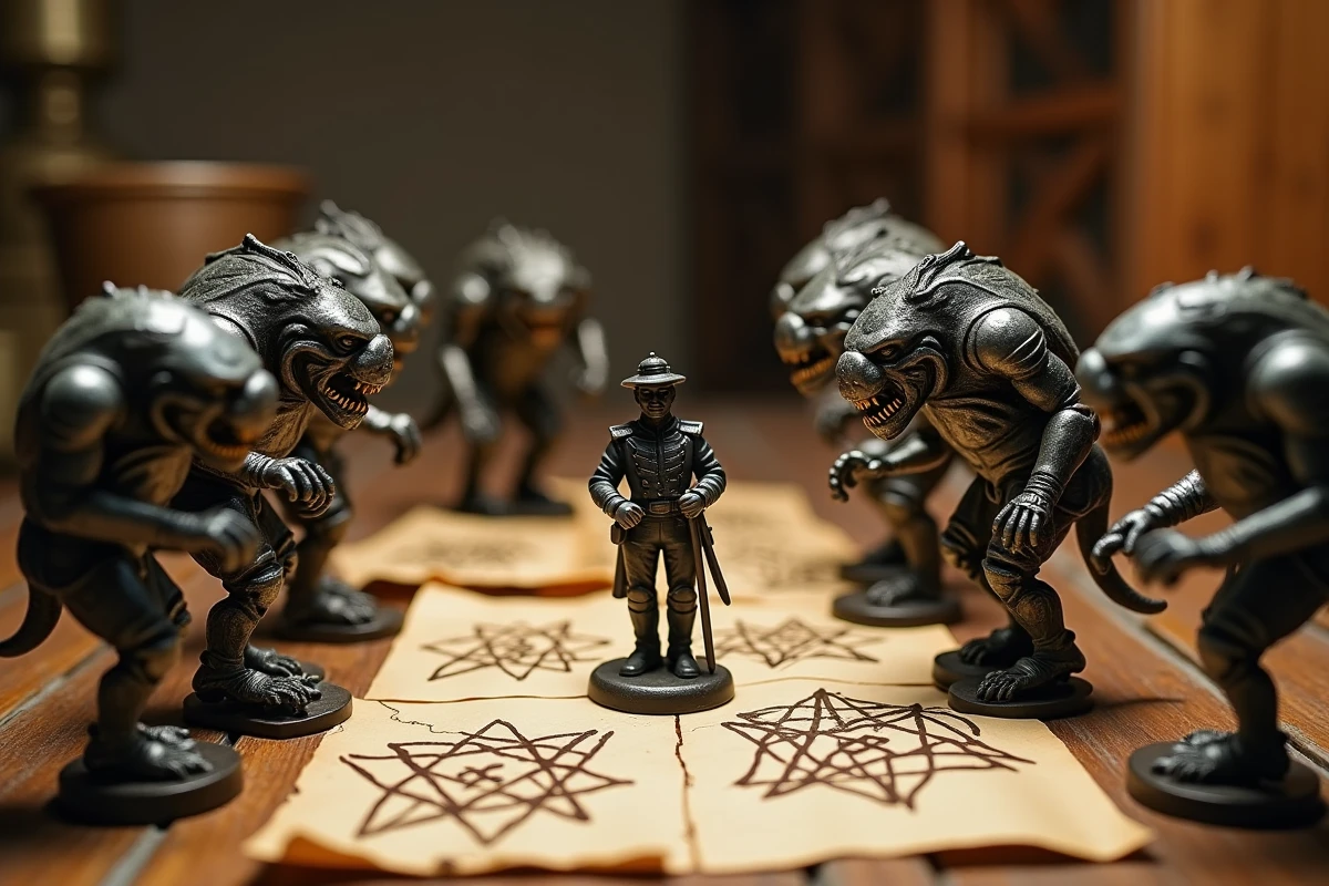 Figurines peintes à la main représentant des créatures homonculus affrontant un officier alchimiste sur une table en bois avec des parchemins anciens