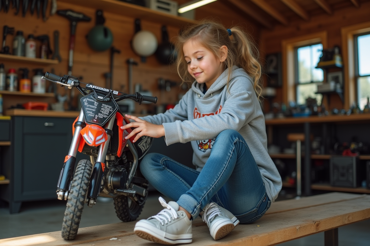 Fille de 12 ans inspectant un vélo dans un garage organisé