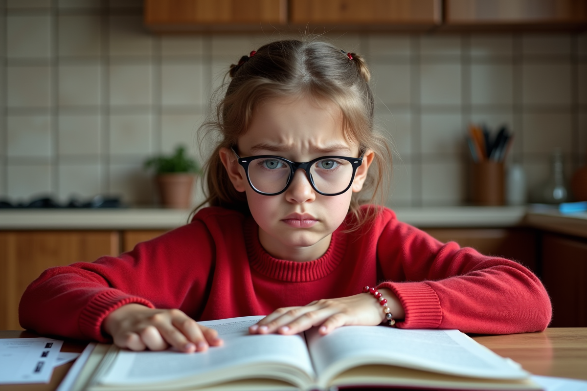 Fille concentrée à étudier dans sa cuisine
