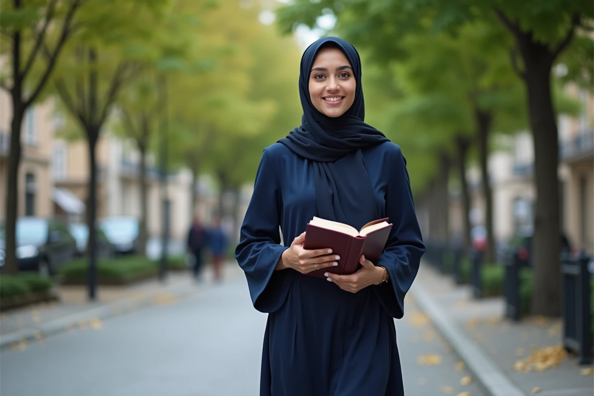 Jeune femme marchant dans une rue arborée urbaine