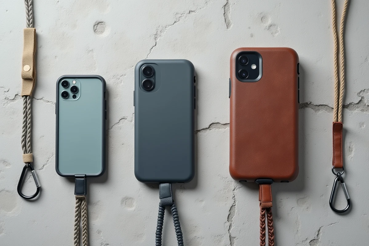 Flat-lay de plusieurs cordons téléphone portables compatibles avec différents types de coques et étuis