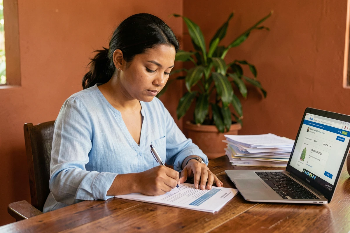 Femme remplissant un formulaire administratif avec un code postal de l'île Maurice à son bureau à domicile
