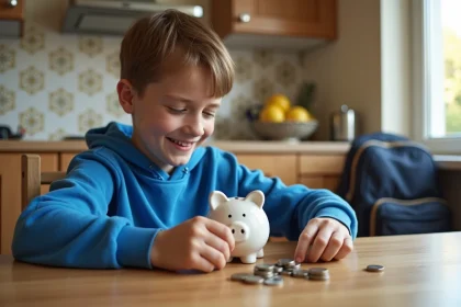 Garçon de 12 ans comptant des pièces de monnaie