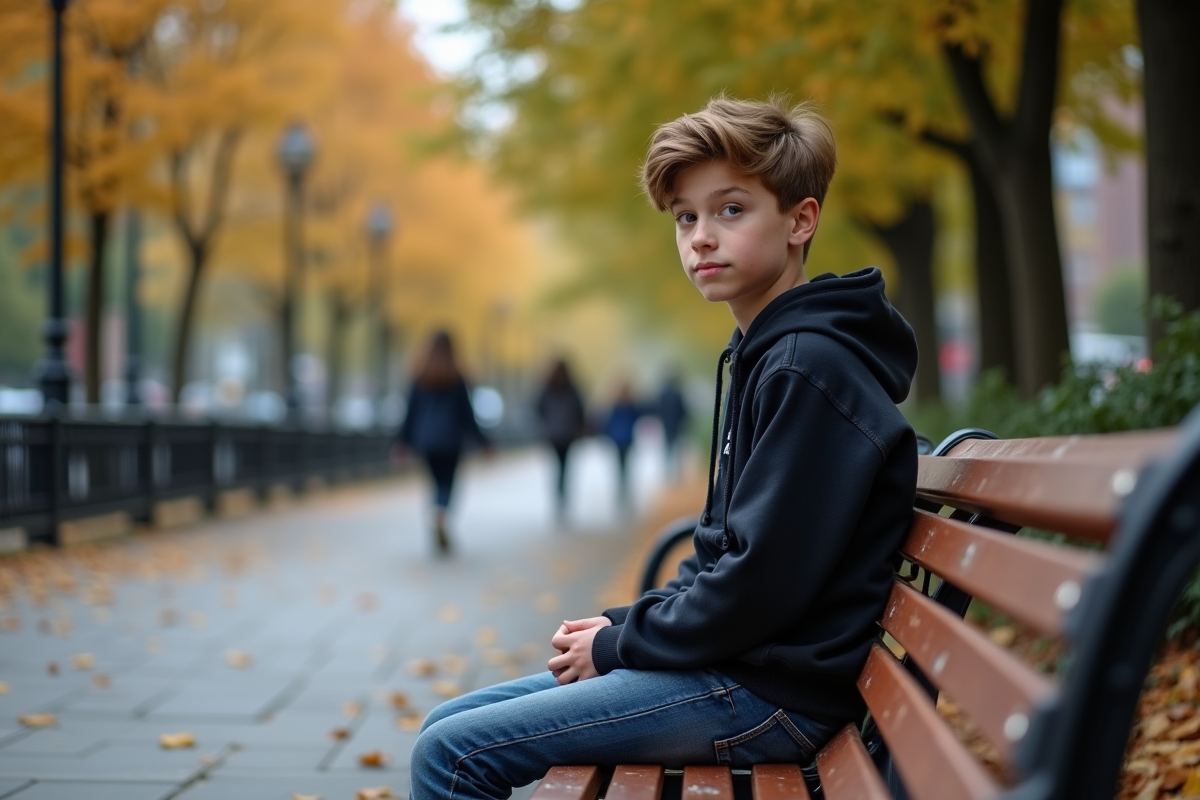 Adolescent seul sur un banc de parc en automne