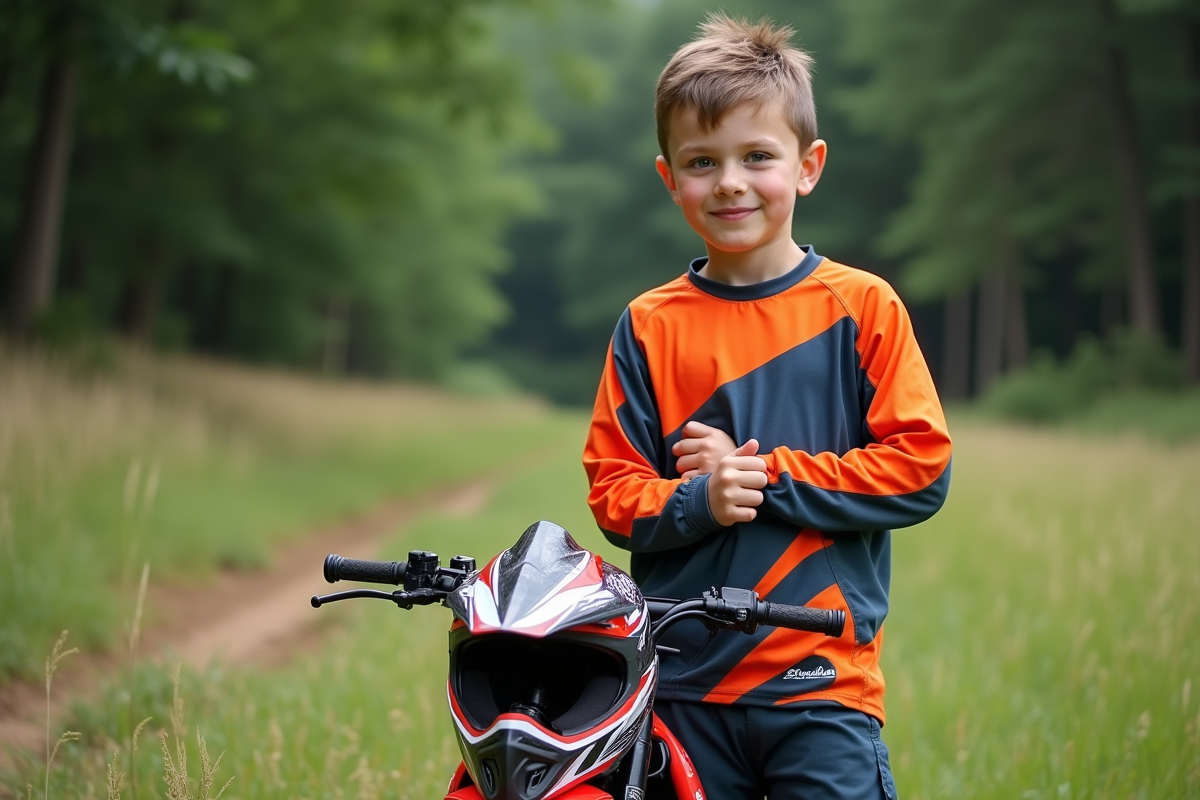 Garçon de 12 ans en équipement motocross avec moto en nature