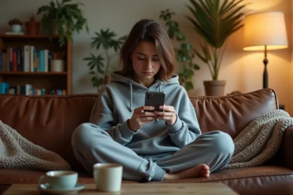 Jeune femme indécise sur son canapé le soir, hésitant entre sortir ou rester chez elle en pyjama