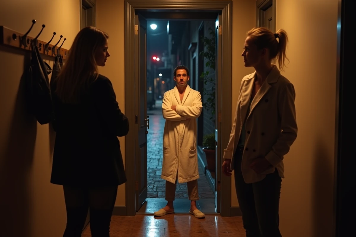 Groupe d'amis dans un couloir d'appartement, l'un en pyjama et les autres habillés pour sortir, illustration de l'expression GDB ou repos