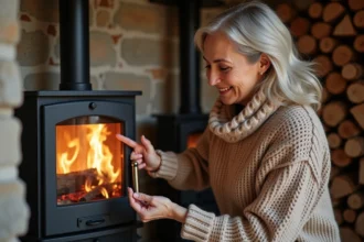 Poêle à bois moderne dans un intérieur chaleureux et accueillant