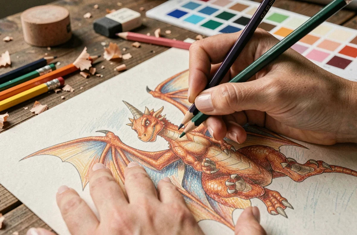 Gros plan sur des mains d'artiste coloriant les écailles d'un dessin de dragon type Dracaufeu au crayon de couleur
