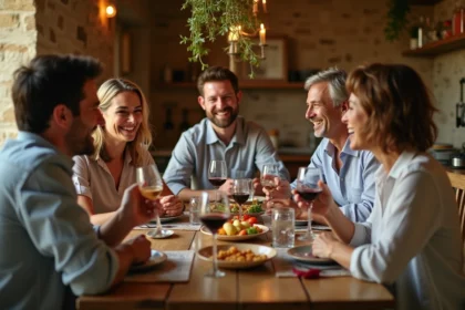 Groupe d'amis qui rigolent autour d'un apéritif en jouant à des devinettes drôles