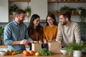 Jeunes adultes rient en partageant des courses dans une cuisine moderne