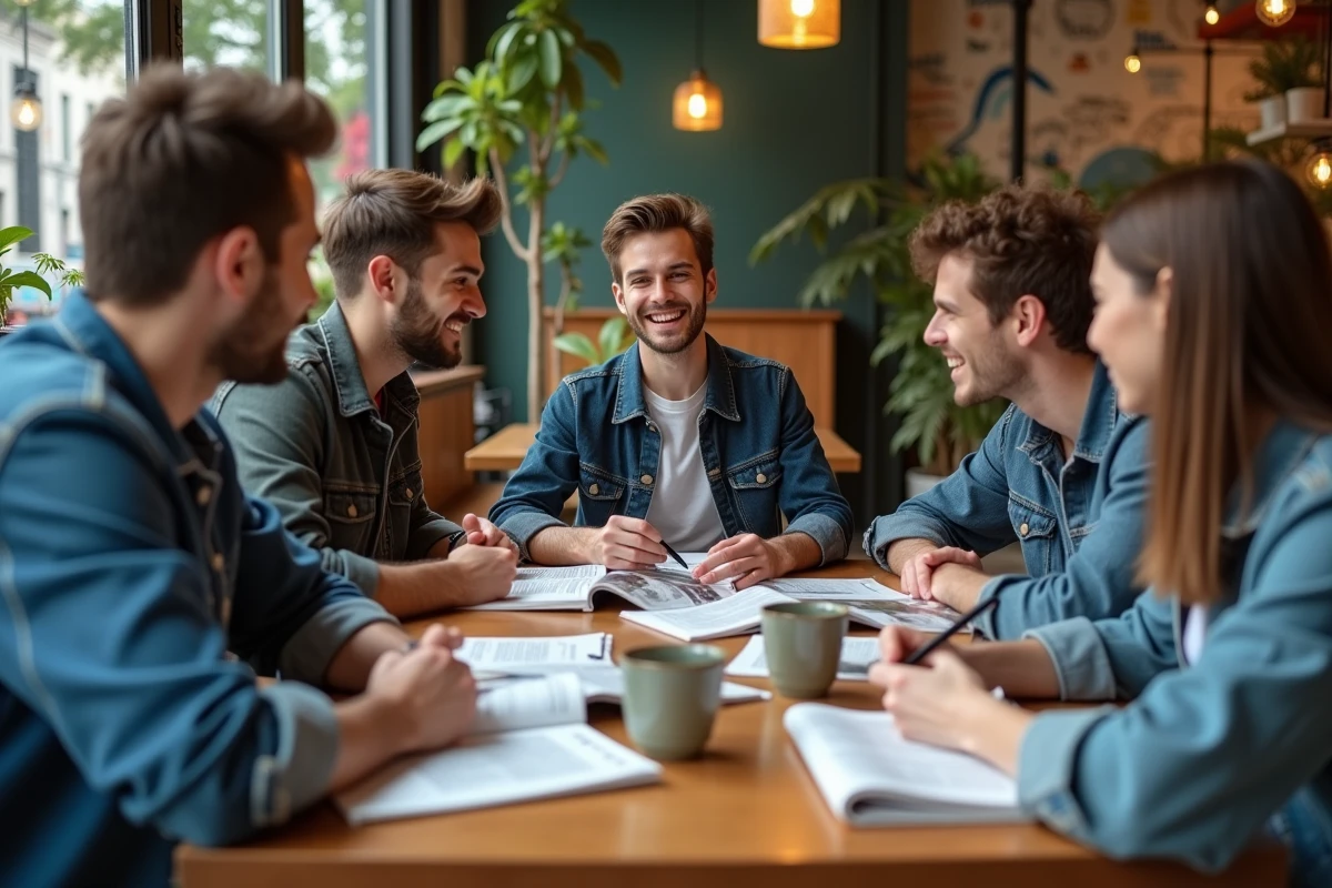 Groupe de jeunes discutant autour d une table de café