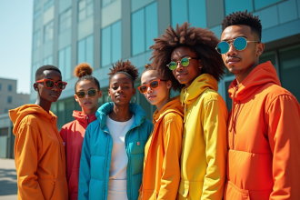 Groupe de jeunes en streetwear futuriste tendance 2025