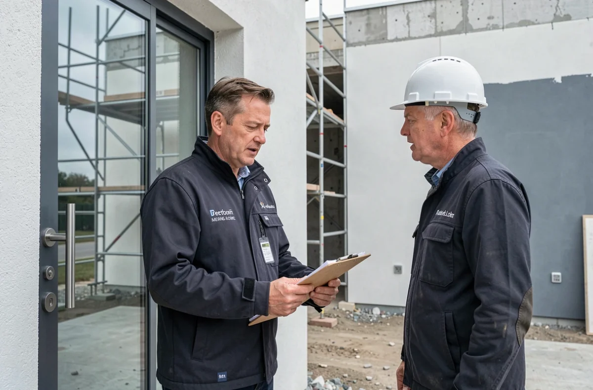 Professionnel de Guilberteau Pascal Sarl supervisant l'installation d'une porte sur un chantier du bâtiment en Maine-et-Loire