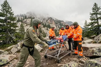 Militaire en combinaison de vol aidant des secouristes civils à transporter un blessé sur brancard en montagne depuis un hélicoptère de l'armée