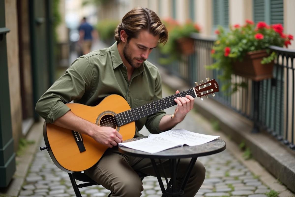 Homme adulte étudiant les accords de Mistral Gagnant sur une terrasse parisienne avec une guitare acoustique et une fiche d'accords manuscrite