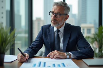 Homme d'affaires en costume bleu analysant un graphique de taux d'intérêt