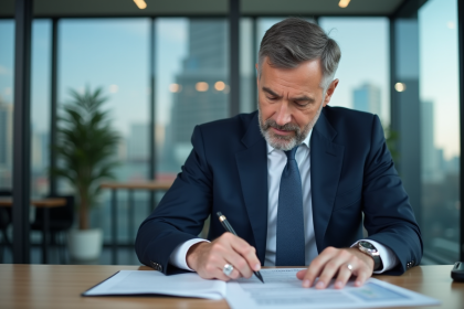 Homme d'affaires en costume bleu lisant documents financiers