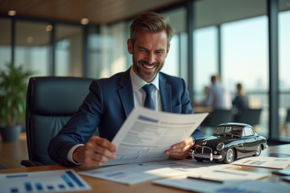 Homme d'affaires souriant examinant brochures de voitures de luxe