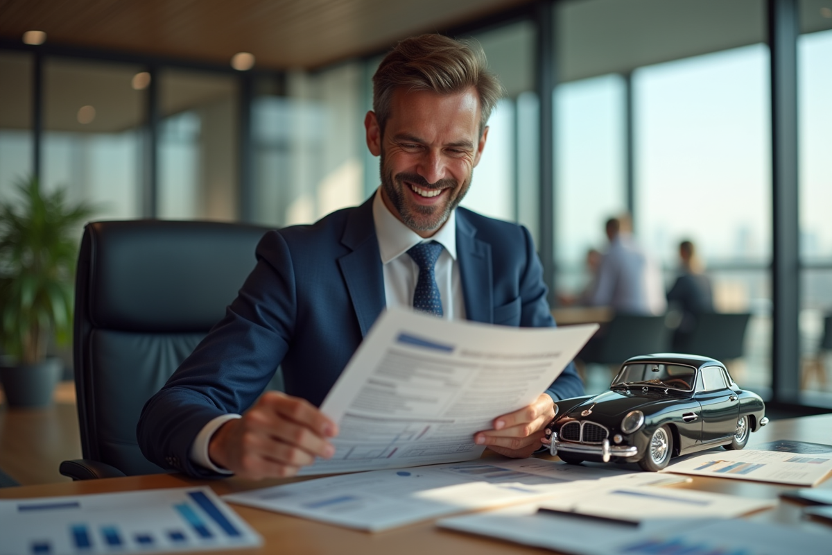 Homme d'affaires souriant examinant brochures de voitures de luxe